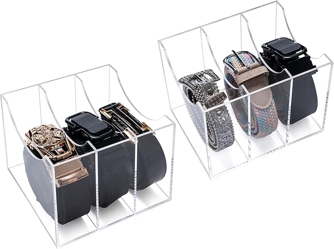 Sparkle Race Acrylic Belt Organizer for Closet Drawer, Clear Belt Rack Storage, 2pcs Belt Holder Display Case with 3 Compartments, Men Women Home Desktop Belt Box for Ties, Watches, Jewelry