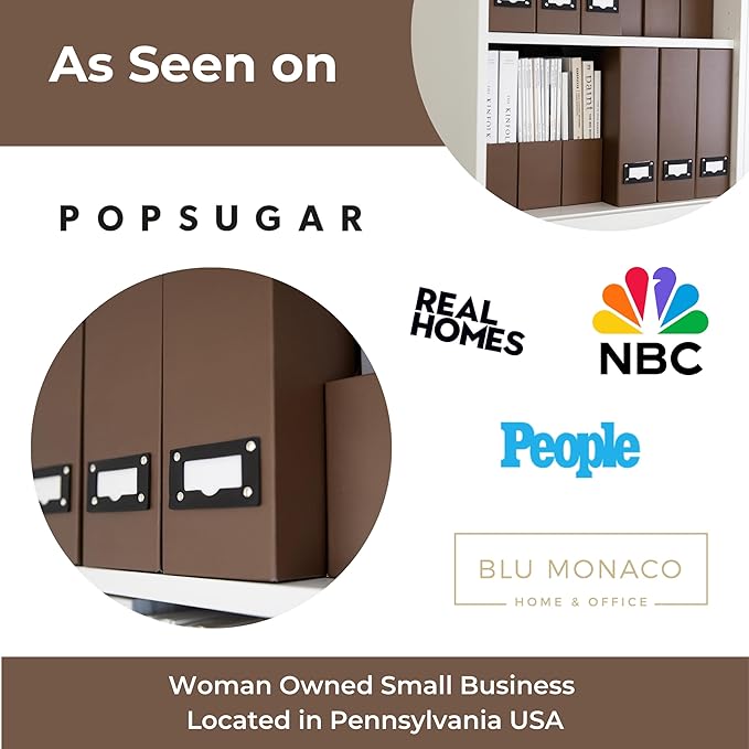 BLU MONACO | Cardboard Magazine File Holder Set of 6 | Vertical Magazine File Holder with Leather Label Slots | Standing File Holder and Cardboard Bins for Shelves Desk Office