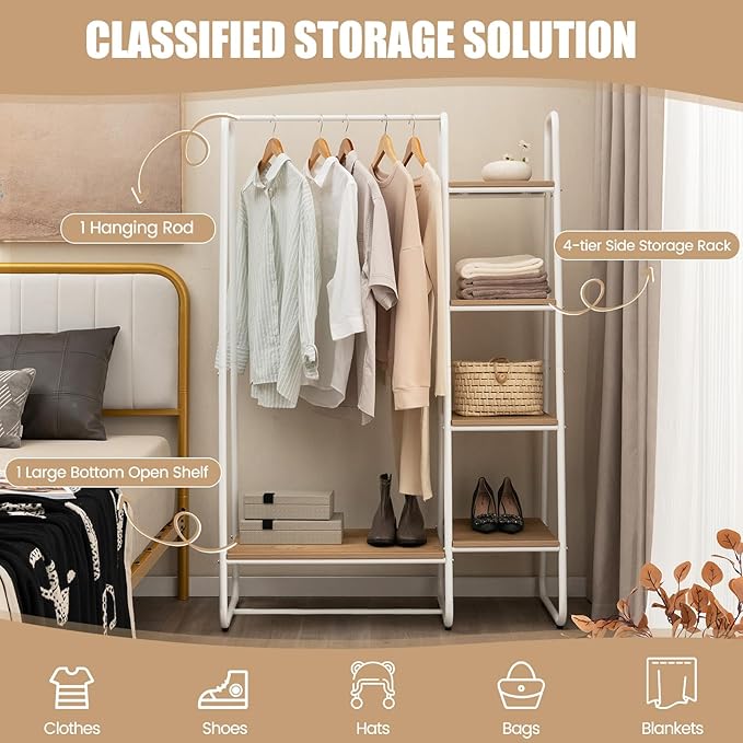 Tangkula Garment Rack with Shelves, Clothes Rack with 5 Shelves & Hanging Bar, Open Wardrobe for Hanging Clothes and Storage, Free Standing Closet Organizer, Clothing Rack for Bedroom Entryway