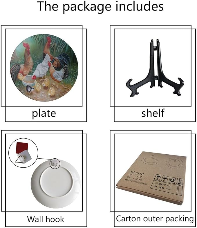 Rooster Decorative Plate Stand, 10 Inch, Rooster Hen Chicks Foraging Round Display Plate, Table Top Plate Decor with Stand, for Wall Hanging Living Room Bathroom Decor Gift