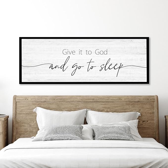 Give It to God and Go to Sleep Sign Framed Large 41''×15'' Above Bed Wall Decor for Bedroom Farmhouse Wall Decor Guest Room Decor Rustic Master Bedroom Wall Decoration Wood Wall Art (black frame)
