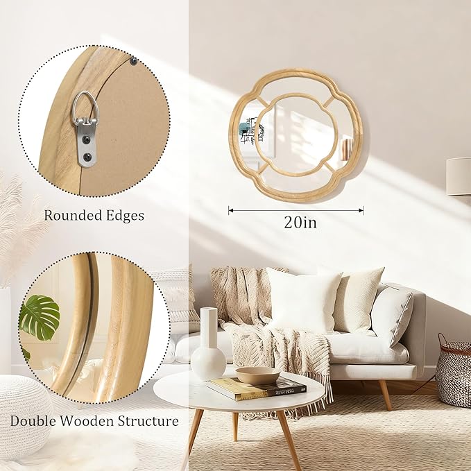 Wall Mounted Mirror, Wooden Round Framed Mirror Irregular Wavy Hanging Decorative Mirrors for Living Room Bedroom and Entryway Home 20 Inch Decor