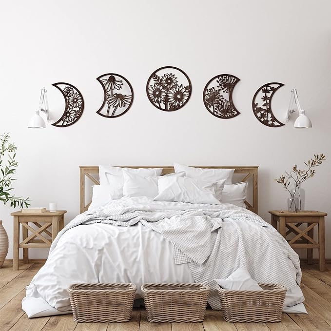 Jetec 5 Pcs Moon Phase Wall Art Decor Wall Pediments Hanging Wooden Phase Spiritual Bedroom Nordic Boho Lunar Aesthetic Art for Living Room Dorm Apartment Ornament(Brown)