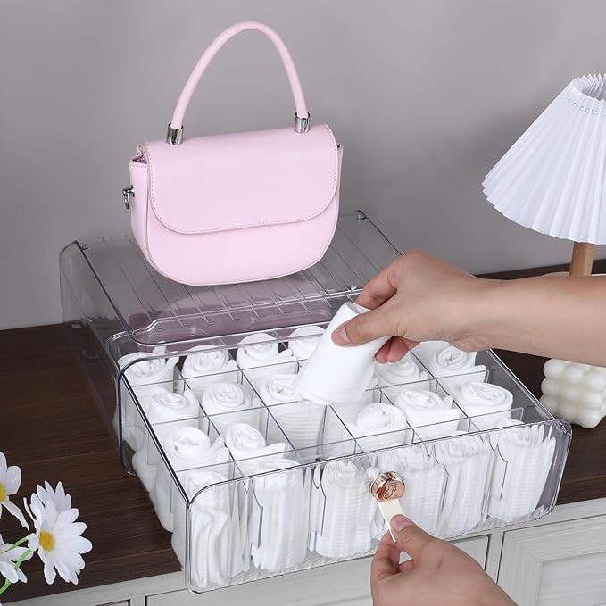 24 Cell Plastic Sock Organizer Underwear Drawer Organizer Acrylic Stackable Storage Drawer Underwear Storage Box with Dividers for Panties Closet Bra Baby Clothes Belts Ties Scarf
