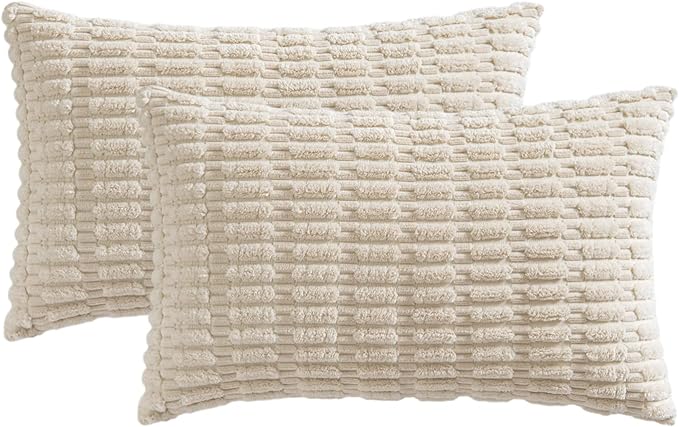 MIULEE Pack of 2 Corduroy Decorative Lumbar Throw Pillow Covers 22x14 Inch Soft Boho Striped Pillow Covers Modern Farmhouse Home Decor for Sofa Living Room Couch Bed Cream White