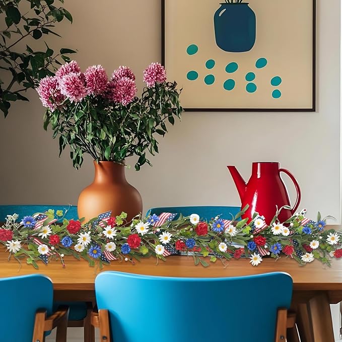 5.9Ft Artificial 4th of July Garland Wreath -Patriotic Garland with Red, White & Blue Daisies, Green Leaves, Berries & Flag Bow for Wall Table Independence Day Memorial Day Indoor/Outdoor