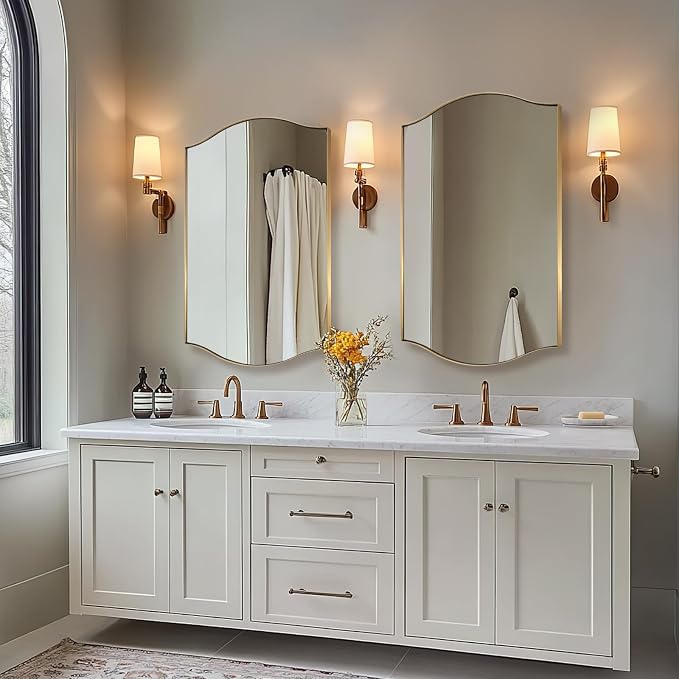 ANDY STAR 26"x38" Scalloped Mirror for Bathroom，Brushed Gold Rectangle Wall Mirror with Curved Edge Stainless Steel Metal Frame, Wall-Mounted Mirror for Bathroom, Entryway, Living Room