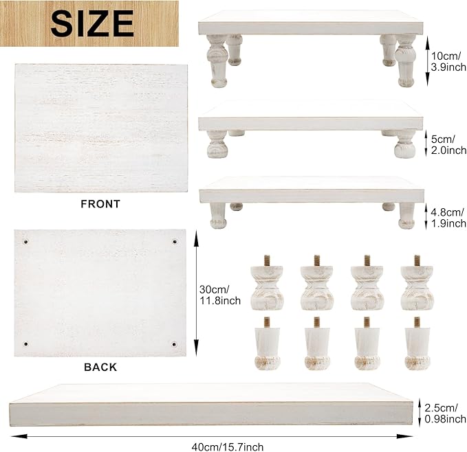 Wooden Riser Decorative Tray, Farmhouse Wood Pedestal Stand, Rustic Whitewashed Tray Riser Display Stand, Coffee Bar, Dining Room, Centerpiece, Kitchen, Bathroom Table Decor (Washwhite)