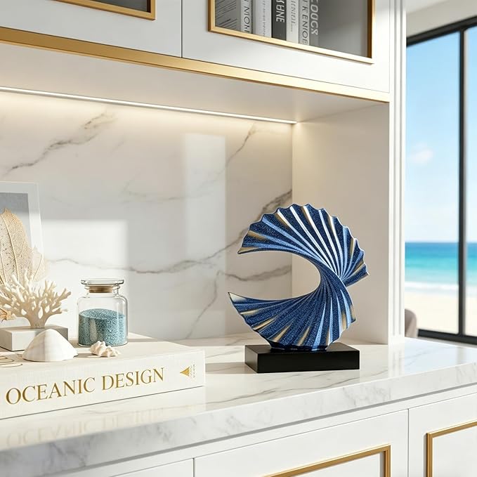 Blue Gold Wave Sculpture, Modern Ocean Wave Home Accents, Resin Art Statue for Shelf, Coffee Table, TV Stand Adornos Modernos