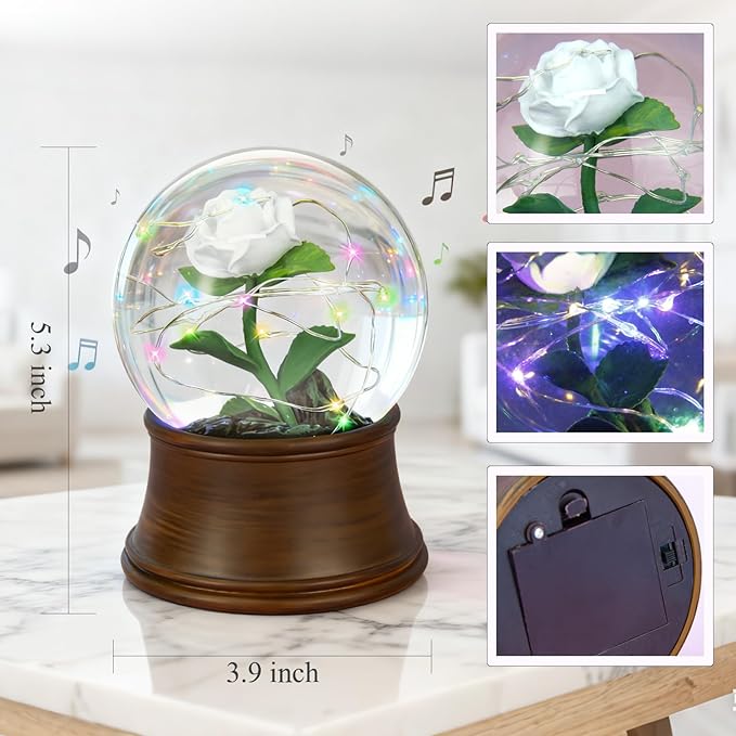 Rose Snow Globe Music Box, Preserved White Rose Flower Musical Snow Globes, LED Light Up Rose Snowglobe Water Globe Romantic Gift for Women Girls in Mother's Day, Anniversary, Christmas