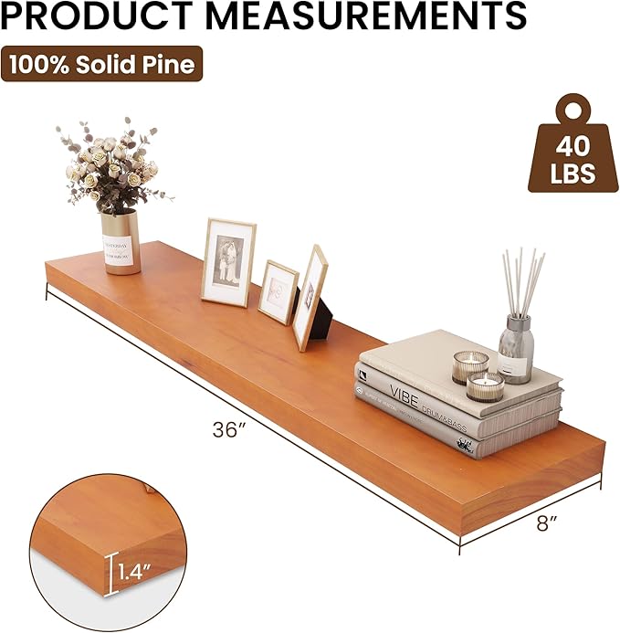 Vivelove Solid Wood Floating Shelves 36 Inches Long, 8”Deep x 1.4” Thick Wall Shelves for Bathroom, Living Room, Kitchen, Bedroom, Office, Rustic Farmhouse Home Decor, Set of 2 - Honey Oak