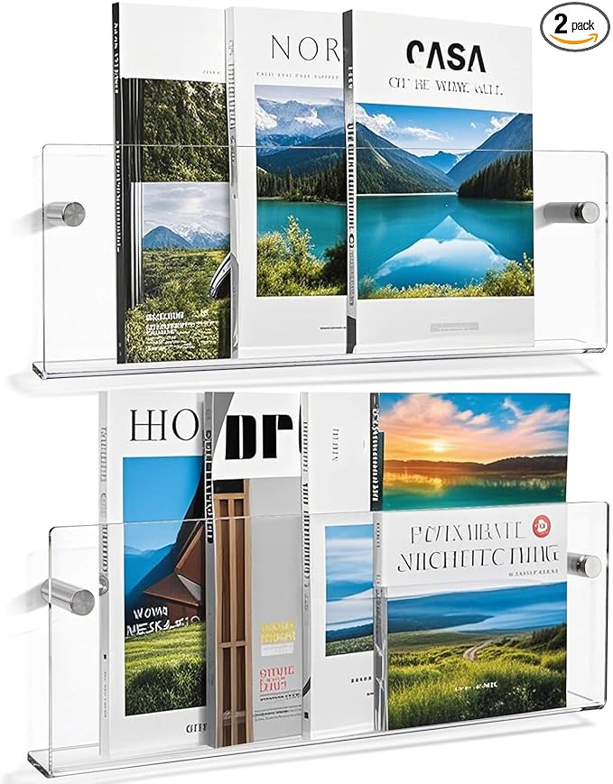 Youeon 2 Pcs Clear Acrylic Magazine Holder Wall Mount, 17 Inch Hanging Magazine Rack with Hardware, Floating Bookshelf Brochure Display Organizer for Home, Office, Reception Area