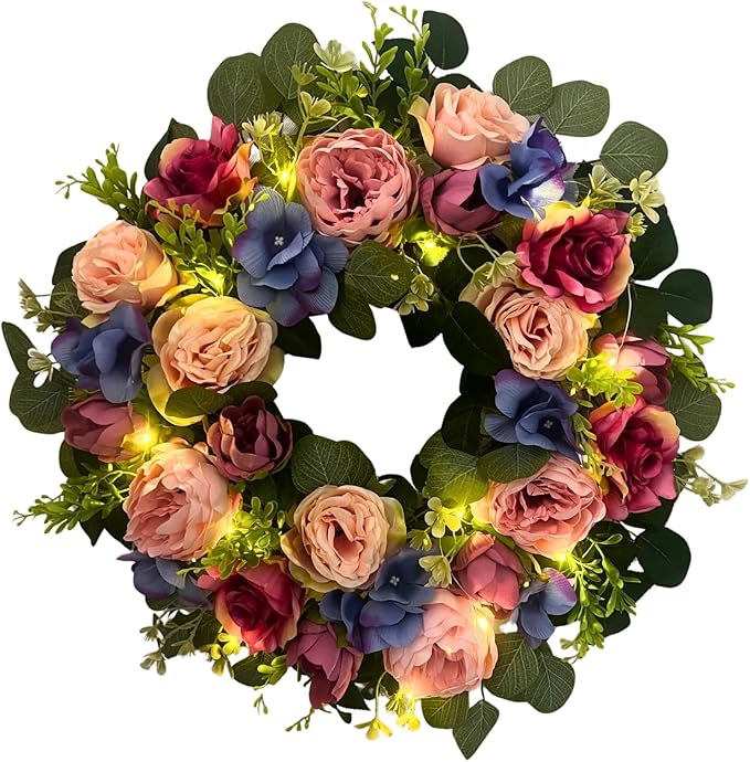 Svndlyn 22 Inch Pre-lit Artificial Spring Wreath for Front Door with Timer - 20 LED Lights, Pink Rose Peony & Eucalyptus Floral Decor, Battery Operated Summer Wreath for Indoor Covered Outdoor