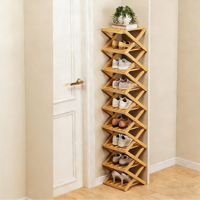 The 9-Tier No-Assembly Bamboo Rack, 2-9 Tier Folding Shoe Storage Rack, Space-Saving Organizer for Shoes, No Assembly Narrow Shoe Shelf for Entryway Closet Dorm (Natural, 9 Tier)