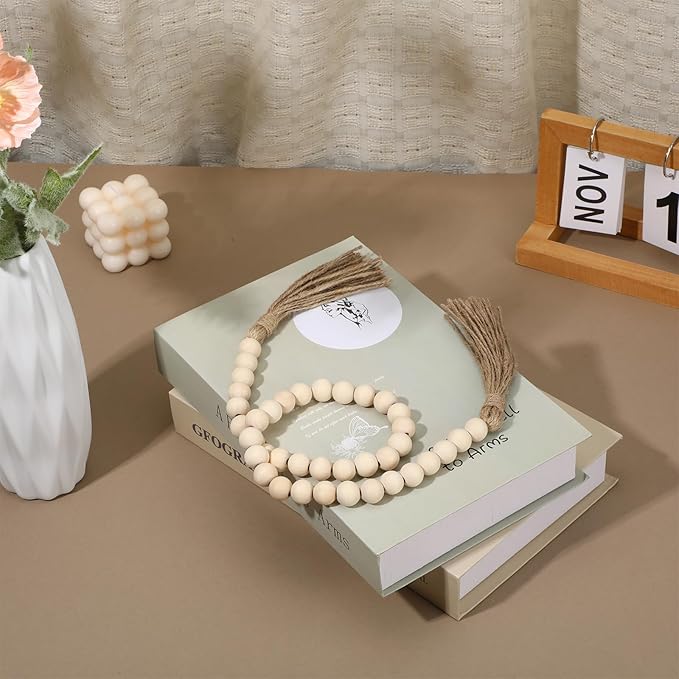34in Farmhouse Wood Beads Garland with Tassels, Decorative Bead Home Decor Wooden Beads Garland Country Room Hanging for Wood Entryway Table, Shelf, Tray, Curtain Decor (Beige)