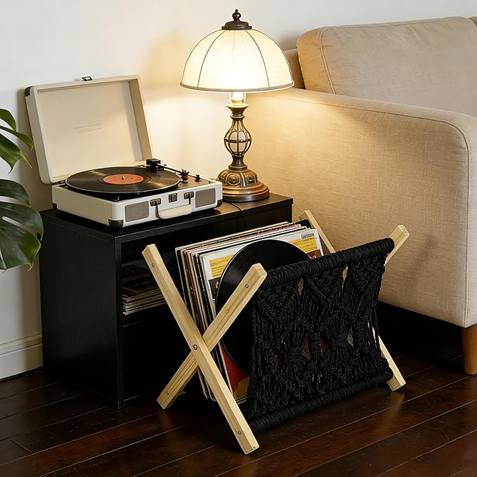 Boho Macrame Magazine Holder,Hand-Woven Magazine Rack for Home Office Desktop, Storage Basket for Letters, Magazines, Books and Newspapers (Black)
