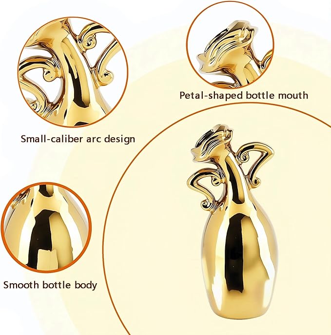 Golden Ceramic Small Necked Vase, A Novel and Cute Unique Shaped Vases, 7-Inch Modern Home Decoration Vase, Can Be Used As A Golden Home Decoration for Dining Tables, Bookcases and Desks