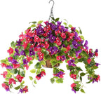 Homsunny Artificial Fake Hanging Flowers Plants Basket for Outdoor Decoration, Faux Silk Flower Bougainvillea Planter Look Real UV Resistant for Home Porch Patio Balcony Yard Spring Decor(Mix Pulple)