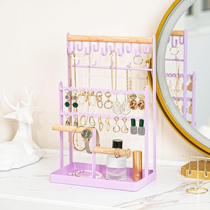 ProCase Jewelry Organizer Stand Necklace Organizer Earring Holder, 6 Tier Jewelry Stand Necklace Holder with 15 Hooks, Jewelry Tower Display Rack Storage Tree for Bracelets Earrings Rings -Purple