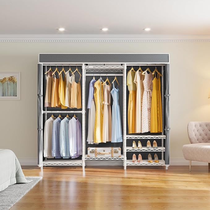 VIPEK V5C Medium Covered Clothes Rack Heavy Duty Portable Closet Wardrobe, Freestanding White Clothing Rack with Grey Upgarded Polyester Cover, Adjustable Custom Closet Rack, 56.7" Lx15.7 Wx76.4 H