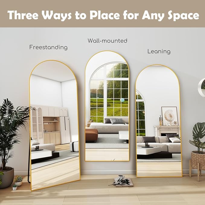 Prywot Arched Floor Mirror, 57 "x 20" Full Length Mirror Wall Mirrors Hanging or Leaning Arched-Top Full Body Mirrors with Stand for Bedroom, Dressing Room, Gold