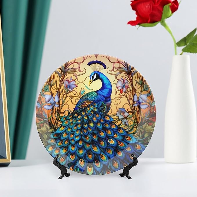 Decorative Plates for Wall Hanging, Stained Glass Design Peacock & Flower Ceramic Plate w/Display Stand, Home Decor for Kitchen Cabinets, Farmhouse Round Tray 8 Inch, Gift for Peacocks Lover