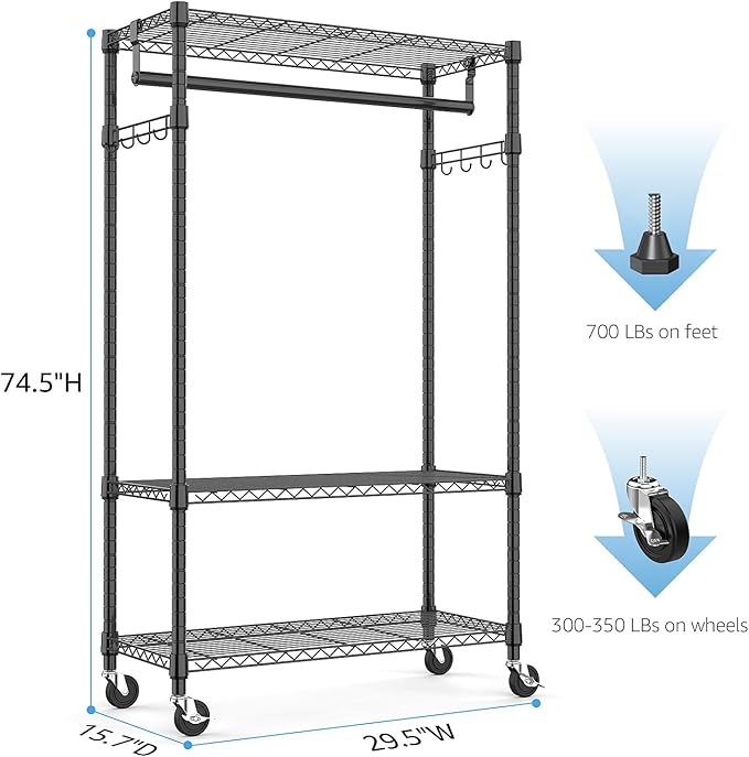 Heavy Duty Rolling Garment Rack 3 Tiers Adjustable Wire Shelving Clothes Rack with Rods and Side Hooks,Storage Closet Clothing Rack with Wheels Black 15.7" D x 29.5" W x 74.5" H
