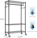 Heavy Duty Rolling Garment Rack 3 Tiers Adjustable Wire Shelving Clothes Rack with Rods and Side Hooks,Storage Closet Clothing Rack with Wheels Black 15.7" D x 29.5" W x 74.5" H