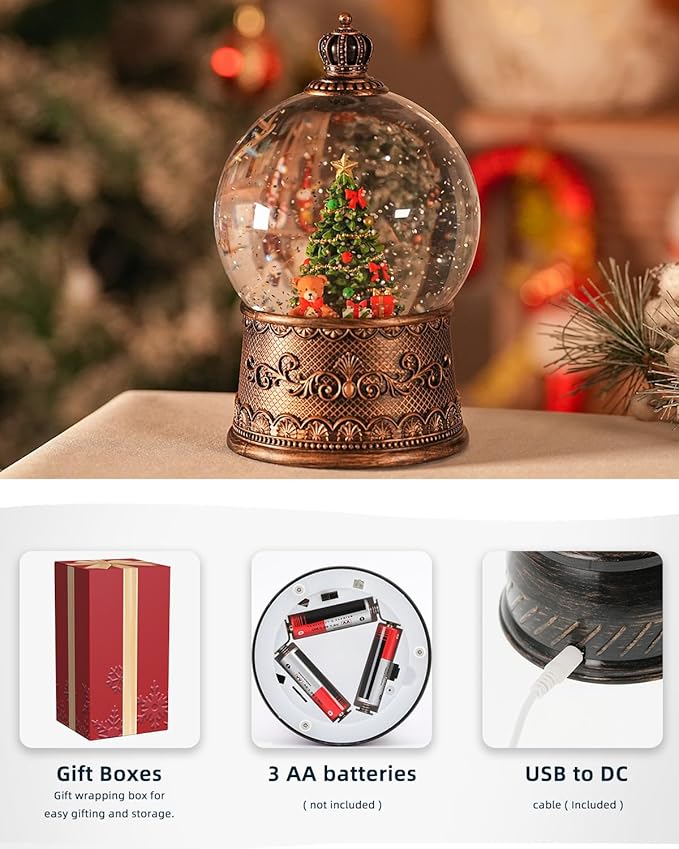 Snow Globe Christmas, Lighted Christmas Snow Globes with Timer, Swirling Musical Glittering Snowglobe Lantern for Decorations(Bear Gifts)