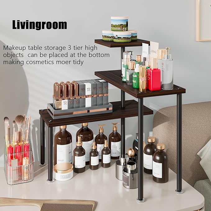 Countertop Organizer Organization 3 Tier Kitchen Corner Shelves Adjustable Spice Storage Rack for Bathroom Coffee Area Over Sink (Black Oak)
