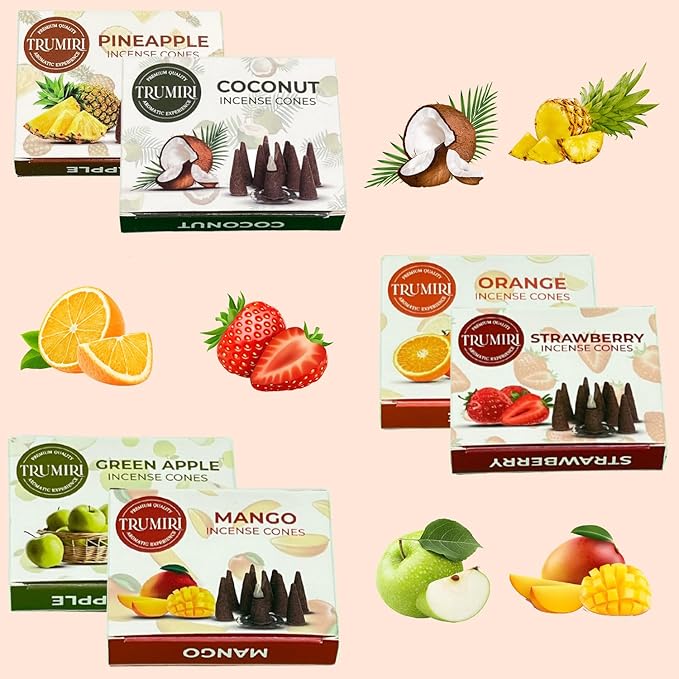 Trumiri Fruity Incense Cones - Variety Pack - Total 60 Cone Incense (6 Scents x 10 Conos) - Strawberry, Coconut, Pineapple, Apple, Mango, Orange - Cone Incense Scents - Insense Cones - Incent Cone