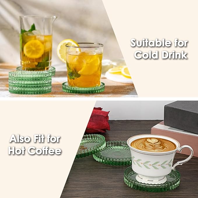 Modern Clear Coaster Set of 5- Glass Coasters for Drinks Crystal Coasters Round Cup Coaster Coffee Table Decor for Office, Kitchen, Bar, Dining Room, Living Room, Patio(Clear Green)
