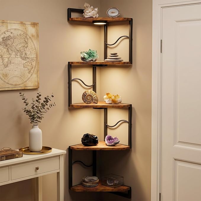 HAAYOT Corner Shelf Wall Mounted with Lights, 5-Tier Floating Metal Shelves for Living Room, Bedroom, Rustic Brown
