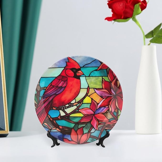 Decorative Plates, Cardinal Bird Stained Glass Design Display Plate for Home Office Kitchen Table Decor Porcelain Plates 7 Inch, Gifts for Loss of Loved
