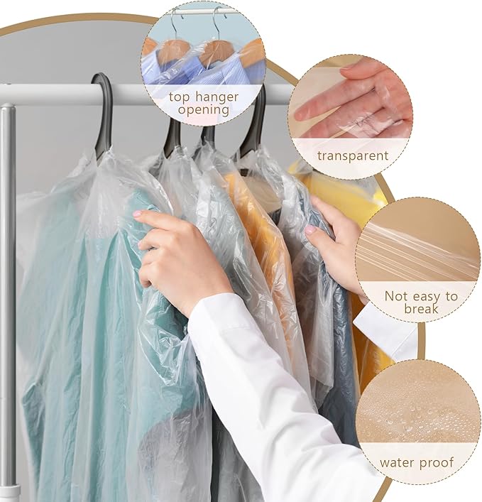 20 Pack Plastic Garment Bags Clear Dress Covers for Hanging Transparent Dry Cleaning Bags Dust-proof Garment Covers for Dry Cleaner, Home Storage, Travel (23.6 x 51.2 Inch)