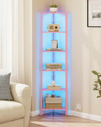 TUTOTAK Corner Shelf with LED Light, 6-Tier Corner Bookshelf for Small Space, Narrow Display Corner Shelf Stand with Storage Rack, for Living Room, Bedroom, Pink BS05BP006L