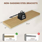 Vivelove 12 Inch Deep Floating Shelves 36 inch Long, 2 Inch Thick Wall Shelves with Invisible Brackets, Shelf for Bedroom Bathroom Living Room Kitchen Office Home Decor, Modern Shelf Set of 2, Oak