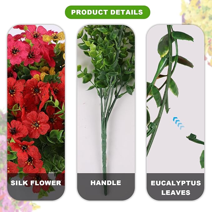 12 Bundles Artificial Flowers,Faux Plants for Spring Summer Decoration, UV Resistant Colorful Violets Eucalyptus for Outside Home Planter Porch Patio Yard Decor