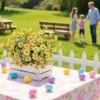 Artificial Flowers for Outdoor UV Resistant Fake Plants, 12 Bundles Fake Mums Silk Daisy in Pots for Porch Patio Garden, Faux Potted Home Decor for Outside (Yellow)