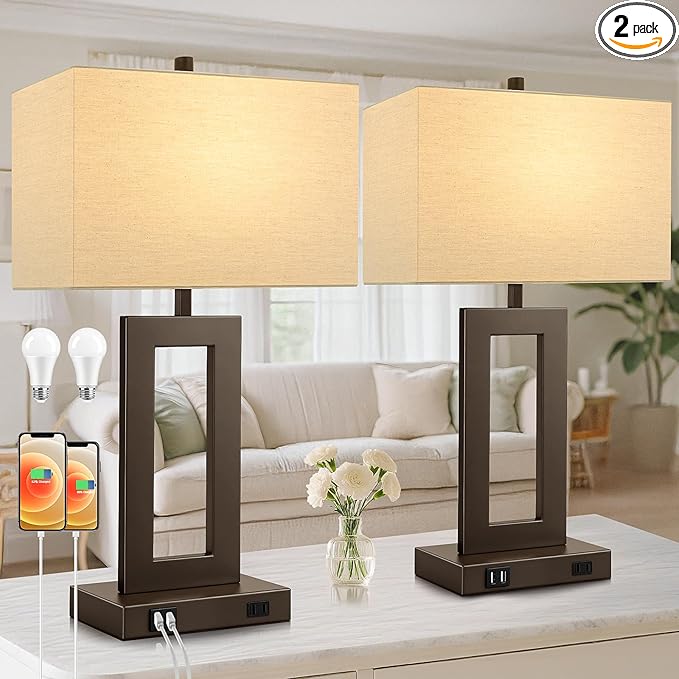 TOBUSA 28’’ Tall Brown Lamps for Living Rooms Set of 2, Modern Touch Control Table Lamps for Bedroom, 3 Way Dimmable Bedside Lamps with 2 USB Ports&AC Outlet, High-end Decor Lamp for Home Office
