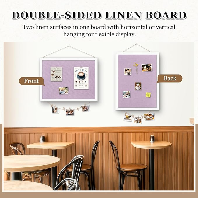DOLLAR BOSS Bulletin Board with Linen Double-Sided 30" x 20" Linen Cork Boards for Walls Picture Display Vision Board for Office Home School Framed Picture Pin Board, 20 Pushpins 10 Clips, Purple