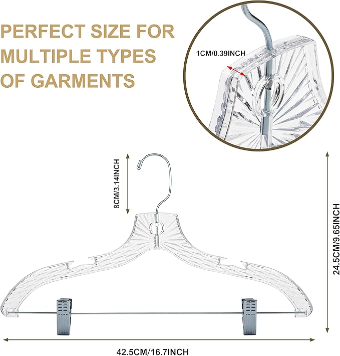 Quality Clear Plastic Skirt Hangers - 96 Pack Crystal Cut for Skirt, Pant, Dress, Suit, Coat Hangers Heavy Duty & Nonslip Design Adjustable Clips, Swivel Hook, 17" inch