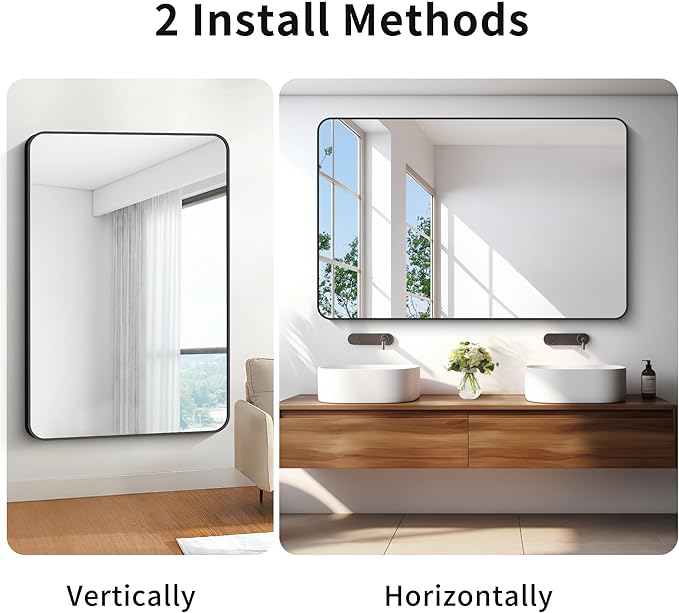 BONEWEI 55x36 inch Bathroom Mirror,Black Rectangle Mirror,Wall Mounted Bathroom Frame Vanity Mirror with Round Corner for Bedroom Living Room, Entryway Hangs Horizontal or Vertical