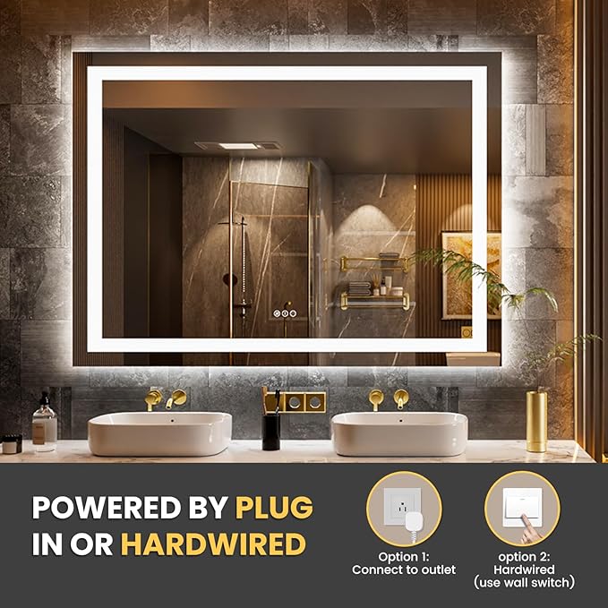 LOAAO 52"x36" LED Bathroom Mirror with Lights, Anti-Fog, Dimmable, Backlit + Front Lit, Lighted Bathroom Vanity Mirror for Wall, Memory Function