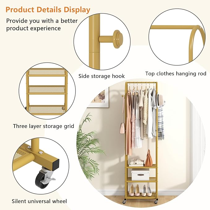 Heavy Duty Clothing Rack with Wheels,Modern Garment Rack with 3 Metal Shelves, 71.8Inches Display Rack for Hanging Clothes, Hanging Rod for Small Space,Gold