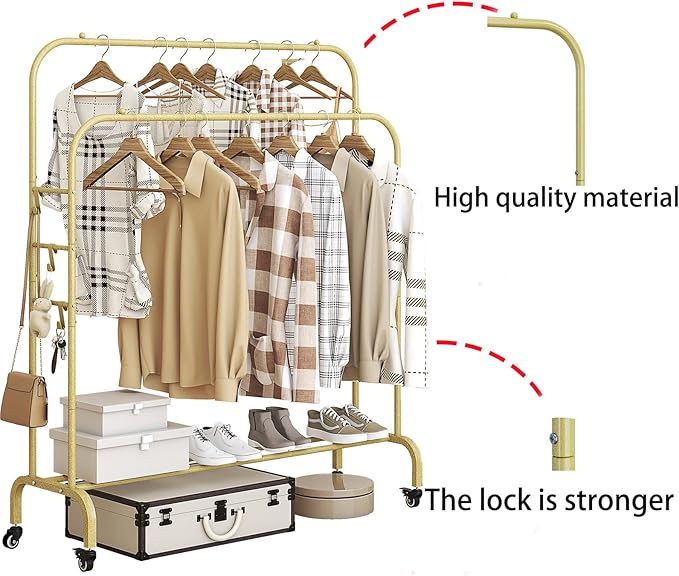 SUOERNUO Garment Rack with Wheels Clothing Rack for Hanging Clothes Multi-functional Bedroom Clothes Rack，Gold+Double Rods