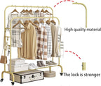 SUOERNUO Garment Rack with Wheels Clothing Rack for Hanging Clothes Multi-functional Bedroom Clothes Rack，Gold+Double Rods