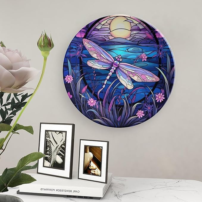 Decorative Plates for Home Decor, Bright Color Dragonfly Purple Stained Glass Print Decor Tray for Table Display, Ceramic Dinner Plate W/ Stand, Living Room Decor, Gifts for Dragonfly Lover, 8 Inch