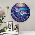 Decorative Plates for Home Decor, Bright Color Dragonfly Purple Stained Glass Print Decor Tray for Table Display, Ceramic Dinner Plate W/ Stand, Living Room Decor, Gifts for Dragonfly Lover, 8 Inch