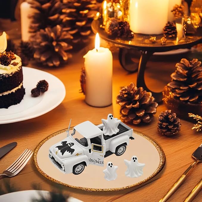 Halloween Decorations - Mini Cute Farmhouse Style Halloween Metal Truck Decor with 3 Removable Mini Ghost Ornaments for Tabletop, Tiered Tray, Shelf, Fireplace and Home Indoor Décor